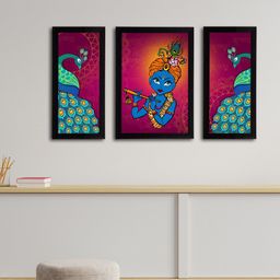 eCraftIndia Set of 3 Multicolored Lord Krishna Satin Matt Texture UV Art Paintings-1