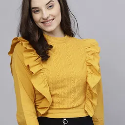 STREET 9 Yellow Self Design Pure Cotton Top-picture-55