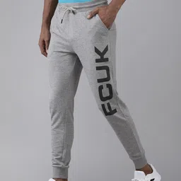 French Connection Men Grey Melange Logo Printed Slim Fit Joggers-image-95