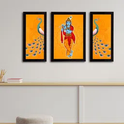 eCraftIndia Set of 3 Orange & Blue Lord Krishna Satin Matt Textured UV Wall Arts-30