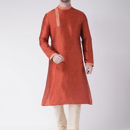 DEYANN Men Orange & Cream-Coloured Self Design Kurta with Churidar-picture-1