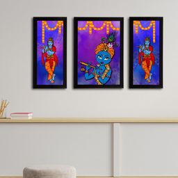 eCraftIndia 3-Panelled Blue Satin Matt Texture Lord Krishna & Radha UV Wall Art-picture-20