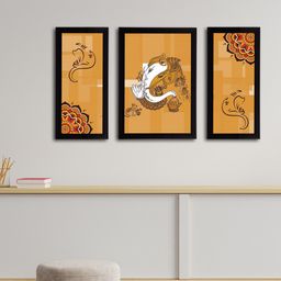 eCraftIndia Set of 3 Mustard Orange & Brown Lord Ganesha Satin Matt Textured UV Wall Art-14
