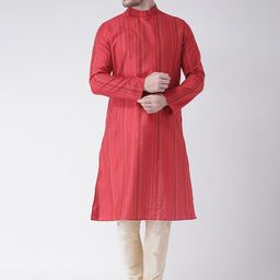 DEYANN Men Red & Cream-Coloured Self Design Kurta with Churidar-picture-14