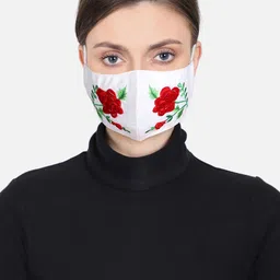 Anekaant Women White & Red Floral Embroidered 3-Ply Reusable Cloth Mask-57