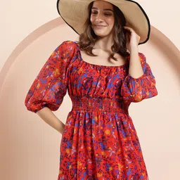 Mast & Harbour Floral Printed Puff Sleeves Smocked Tiered Fit and Flare Midi Dress-picture-46
