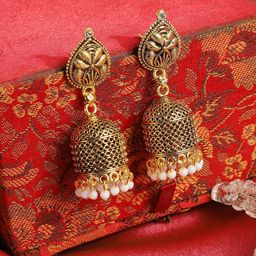 ANIKAS CREATION Gold-Plated Antique Dome Shaped Jhumkas-image-10