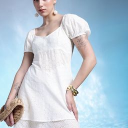 bebe Pure Cotton Schiffli Embroidered Puff Sleeve A-Line Dress-image-55