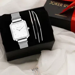 JOKER & WITCH Women White & Silver Toned Affection Love Triangle Watch Gift Set JWLT43-37