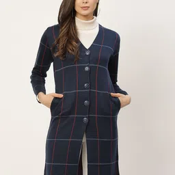 APSLEY Women Navy Blue & Red Checked Cardigan-image-64