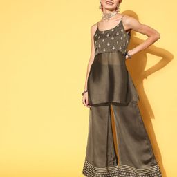 Inddus Women Ethnic Motifs Silk Blend Ethereal Embroidery Kurta Set-22
