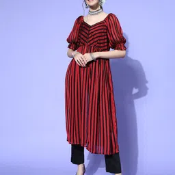 Inddus Women Striped Silk Blend Print Parade Kurta Set-image-9