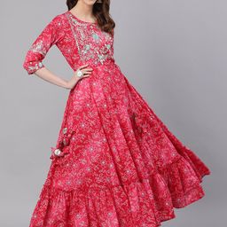 Ishin Women Pink Bandhani Embroidered Block Print Cotton Anarkali Kurta-picture-34