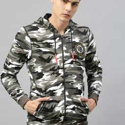 SPYKAR Men Grey & White Slim Fit Camouflage Printed Hooded Sweatshirt-image-12