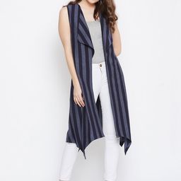 Hypernation Women Navy Blue & Grey Striped Open Front Shrug-19