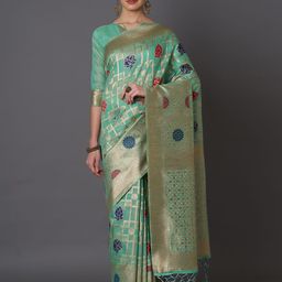 Mitera Sea Green & Gold-Toned Silk Blend Woven Design Kanjeevaram Saree-picture-30