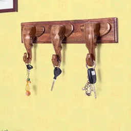 Golden Peacock Brown Handcrafted Wooden Elephant Head Shaped Wall Decor-5