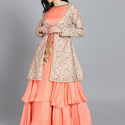 Ethnovog Women Peach-Coloured Made To Measure Solid Satin Gown with Jacket-image-44
