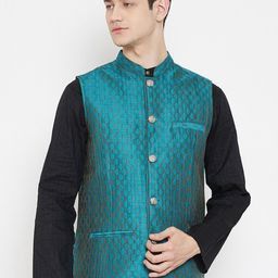 even Men Teal Blue & Gold-Coloured Printed Nehru Jacket-23