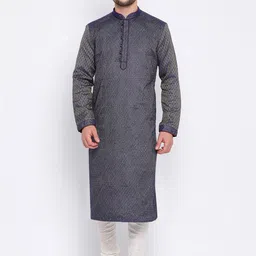 Sanwara Men Navy Blue & White Self Design Kurta with Churidar-picture-16