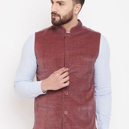 even Men Rust-Coloured Woven Design Velvet Nehru Jacket-42