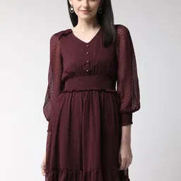 Antheaa Women Burgundy Self Design A-Line Dress-picture-24