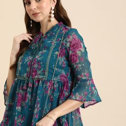 all about you A-Line Floral Printed Tie-Up Neck Kurti-9