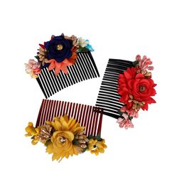 AccessHer Women Set Of 3 Multicoloured Floral Beaded Comb Pins-image-16