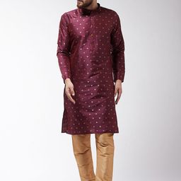 SOJANYA Men Burgundy & Gold-Coloured Self Design Kurta with Churidar-image-84