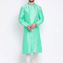Sanwara Men Sea Green & White Embroidered Kurta with Churidar-22