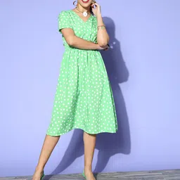 plusS Green & White Printed A-Line Midi Dress-image-131