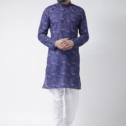Hangup Men Blue & White Printed Kurta with Pyjamas-image-69