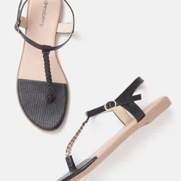 DressBerry Women Black Reptile Textured & Braided T-Strap Flats-image-84
