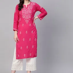 ADA Women Pink & White Chikankari Hand Embroidered Semi Sheer Straight Sustainable Handloom Kurta-image-64