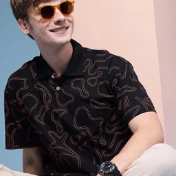 HERE&NOW Abstract Printed Polo Collar Drop-Shoulder Sleeves Pure Cotton Relaxed T-shirt-image-100