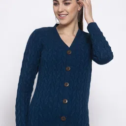Kalt Women Teal Blue Self Design Cardigan Sweater-53