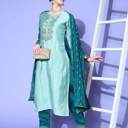 Sangria Floral Yoke Design Regular Sequinned Kurta with Trousers & With Dupatta image 1