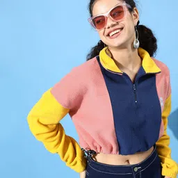 STREET 9 Women Attractive Peach Colourblocked Cropped Sweatshirt-image-54