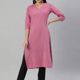 KALINI Women Pink & Black Striped Kantha Work Straight Kurta-image-27