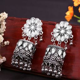 Yellow Chimes Silver-Toned Oxidized Contemporary Jhumkas Earring-58