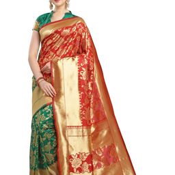 KALINI Women Red & Gold Coloured Floral Zari Silk Blend Half and Half Banarasi Saree-image-23