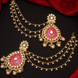 aadita Gold-Toned & Pink Teardrop Shaped Drop Earrings with Hair-chain-56