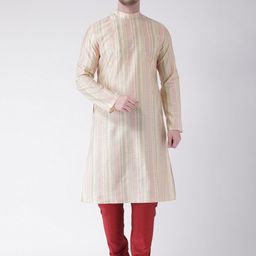 DEYANN Men Cream-Coloured & Red Self Design Kurta with Churidar-picture-13