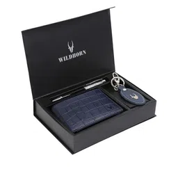 WildHorn Men Blue & Black RFID Protected Genuine Leather Accessory Gift Set-image-59