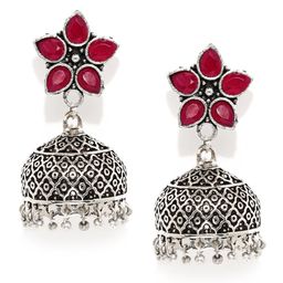 justpeachy Silver-Toned & Red Dome Shaped Oxidised Jhumkas-image-16