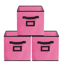 Kuber Industries Set Of 3 Pink & Black Solid Large Storage Cube With Handle-11