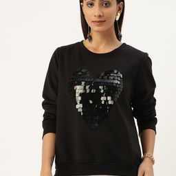 Antheaa Women Black Heart Sequinned Cotton Sweatshirt-image-35