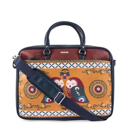 Chumbak Unisex Navy Blue & Mustard Printed Laptop Bag-image-61
