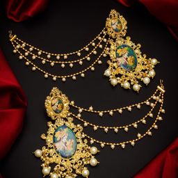 aadita Gold-Toned & Radha Krishna Printed Classic Drop Earrings With Hair Chain-10