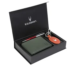 WildHorn Men Green & Orange RFID Protected Genuine Leather Accessory Gift Set-image-8